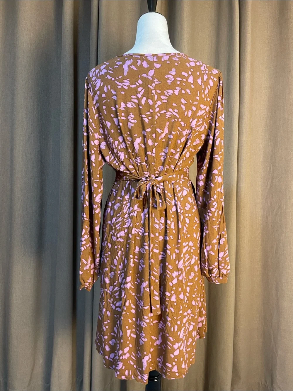 Nine West Brown Floral V-Neck Long-Sleeve Dress with Pink Print